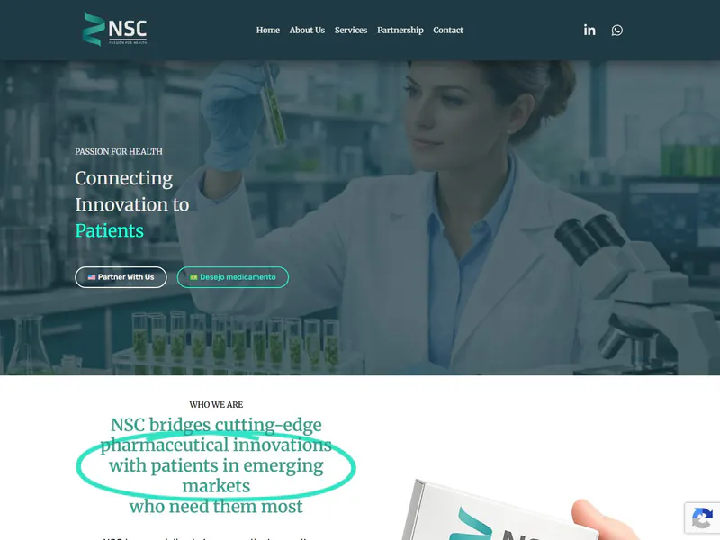 Página inicial do site bilíngue da NSC, empresa farmacêutica